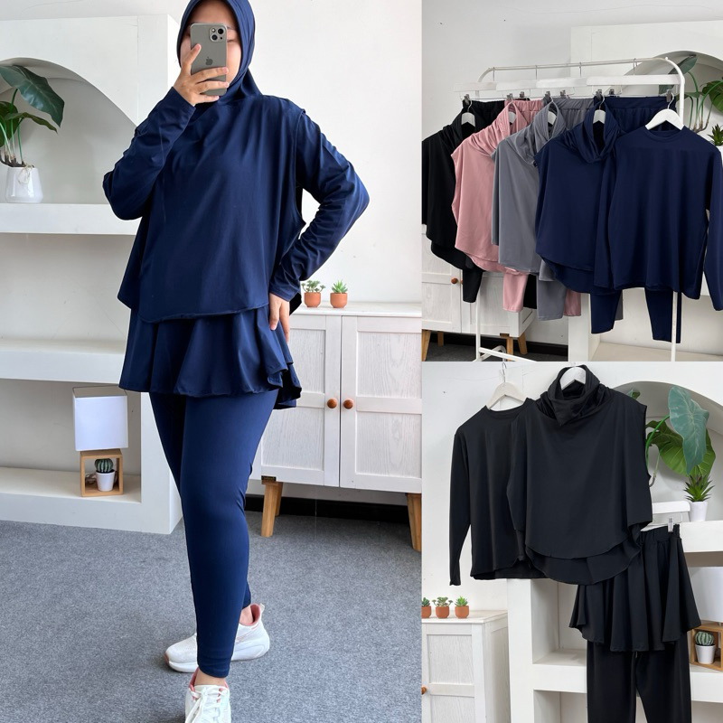 Little butik OLIVA SPORTY SET | outfit sporty wanita 3in1 set inner manset outer hijab legging skirt