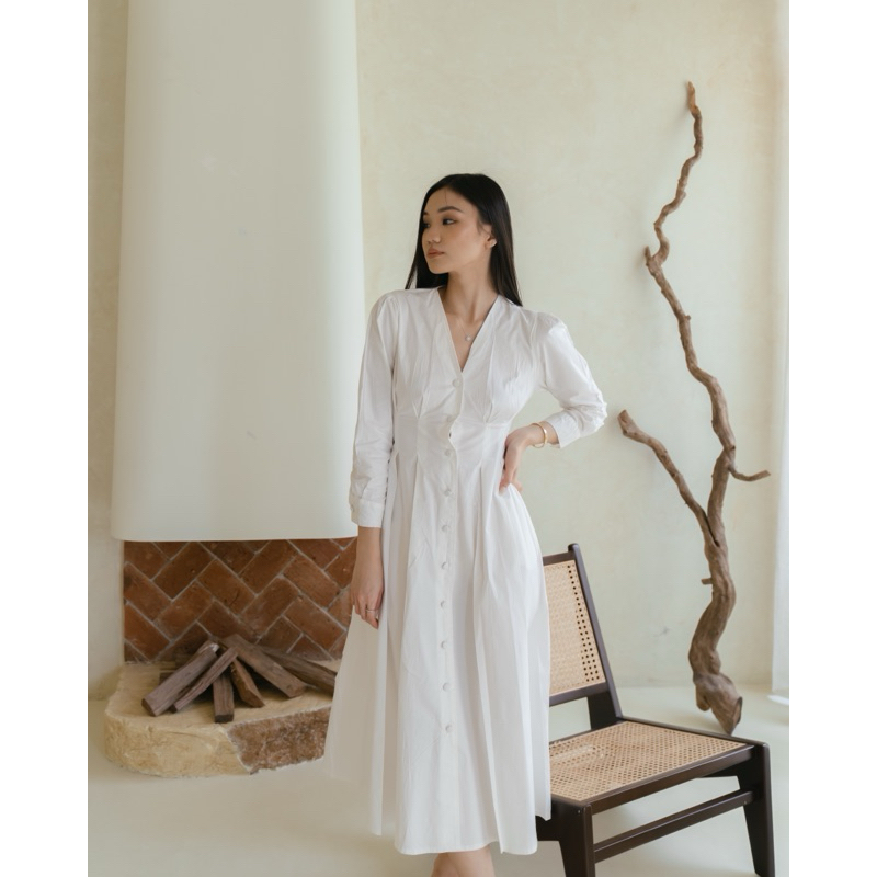 CLAUDY DRESS - MIDI DRESS CASUAL V-NECK LONG SLEEVE BUTTON PREMIUM KATUN POPLIN STRECH BUSUI FRIENDL