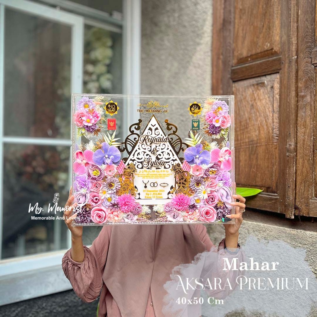 Mahar Aksara Premium / Mahar pernikahan / Bunga Rustic / Akrilik Size 40x50 cm