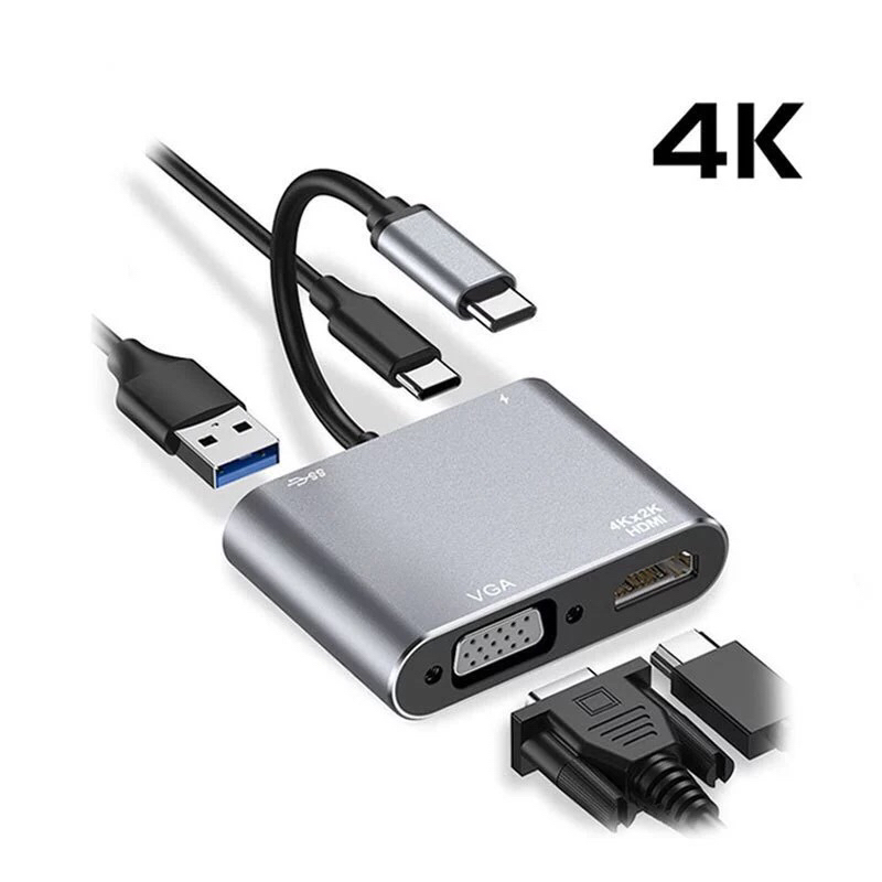 Kabel Converter 4 IN 1 USB C Type-C To HDMI VGA HUB Adapter Travel 4K VGA USB 3.0