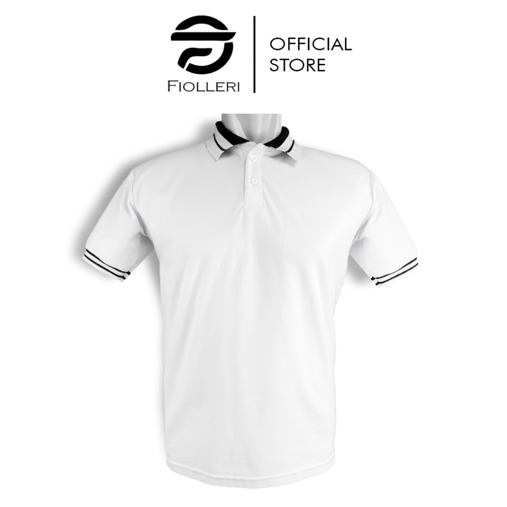 FIOLLERI Polo Shirt - Kaos Polo Pria Putih Natural Motif Kerah Hitam Putih JBKP 805