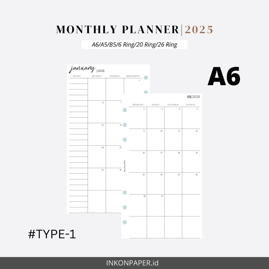 

A6 - Planner 2025, Kertas Binder A6, Monthly Planner by INK_ON_PAPER