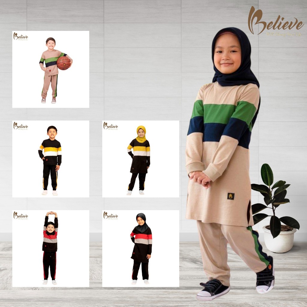 Setelan Baju Olahraga Muslim Muslimah Anak Couple Sarimbit Kaos Believe BMS 35 BMS 36 Katun Combed
