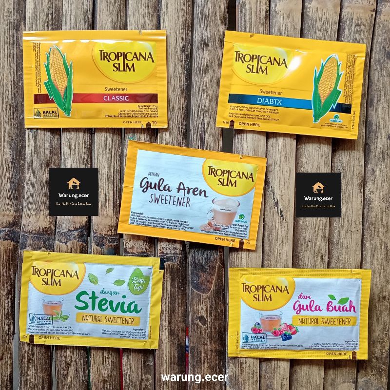 

ECERAN - TROPICANA SLIM NATURAL SWEETENER - PEMANIS ALAMI CLASSIC / DIABTX / GULA BUAH / STEVIA / GULA AREN / ROSE VANILLA (1 SACHET)