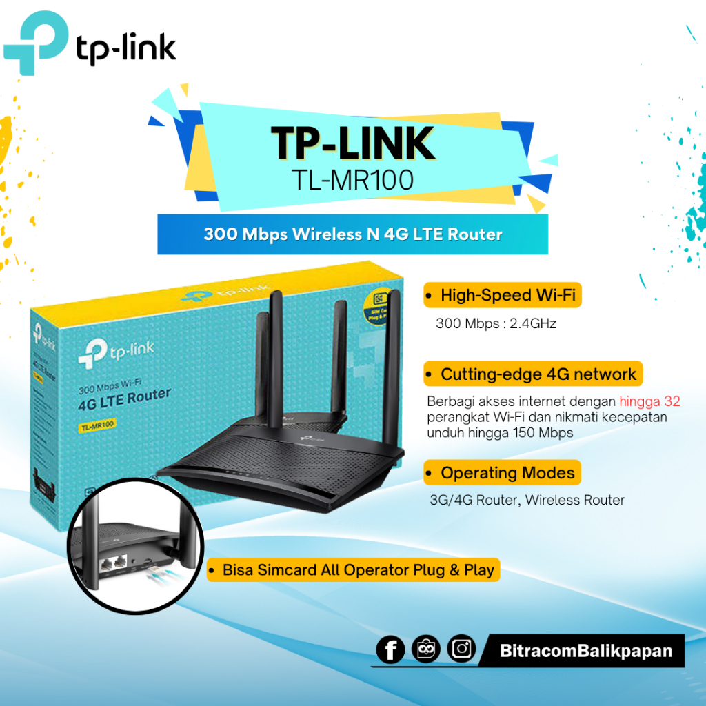 Modem Wifi Nano Simcard TP-Link TL-MR100 N300 Single-Band FE 4G LTE Mobile Wireless Router