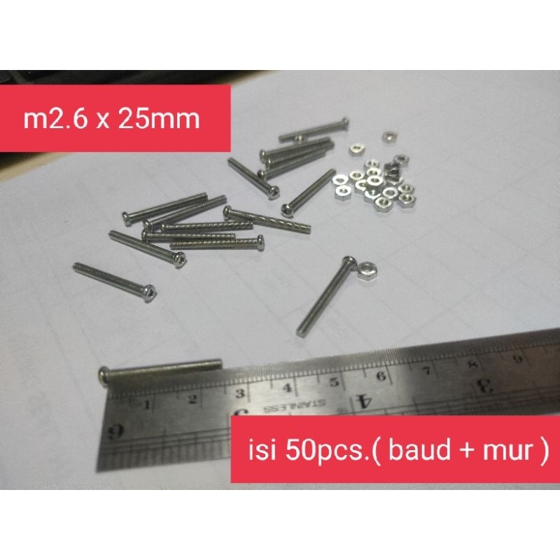 Baud baut m2.6 x 25mm + mur JP galvanis putih  / baut pentol pan machine screw obeng plus