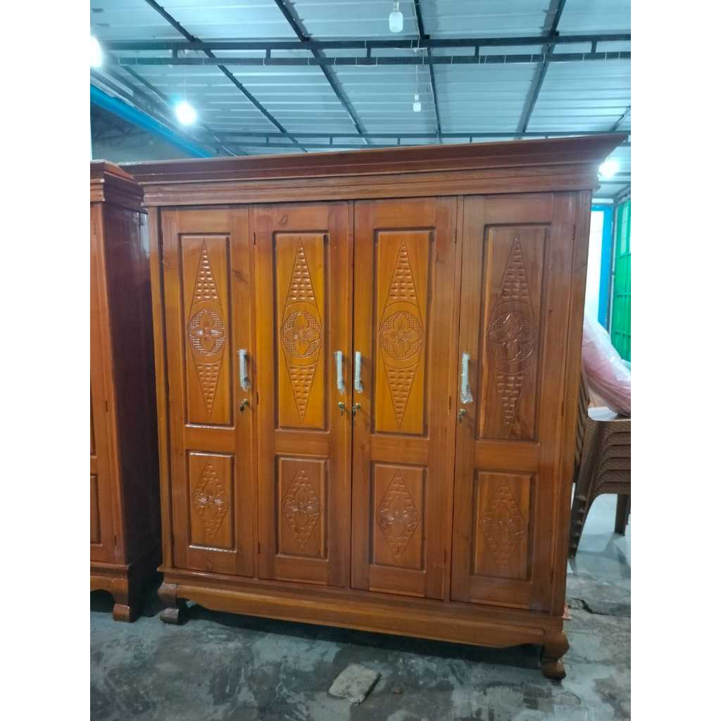 Lemari Pakaian 4 Pintu Kayu Jati / Lemari Almari Pakaian Kayu Jati 4 Pintu buka tutup
