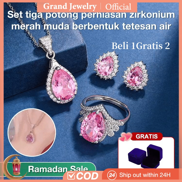 【Beli 1 Gratis 2】Grand Pretty Set Berlian Pink 3pc Moissanite Perak 925 Cincin Wanita Elegan Kalung 
