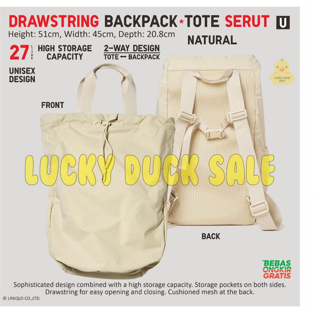 Drawstring Backpack U Tas Ransel Serut Tote Serbaguna UNIQLO 2way Bag