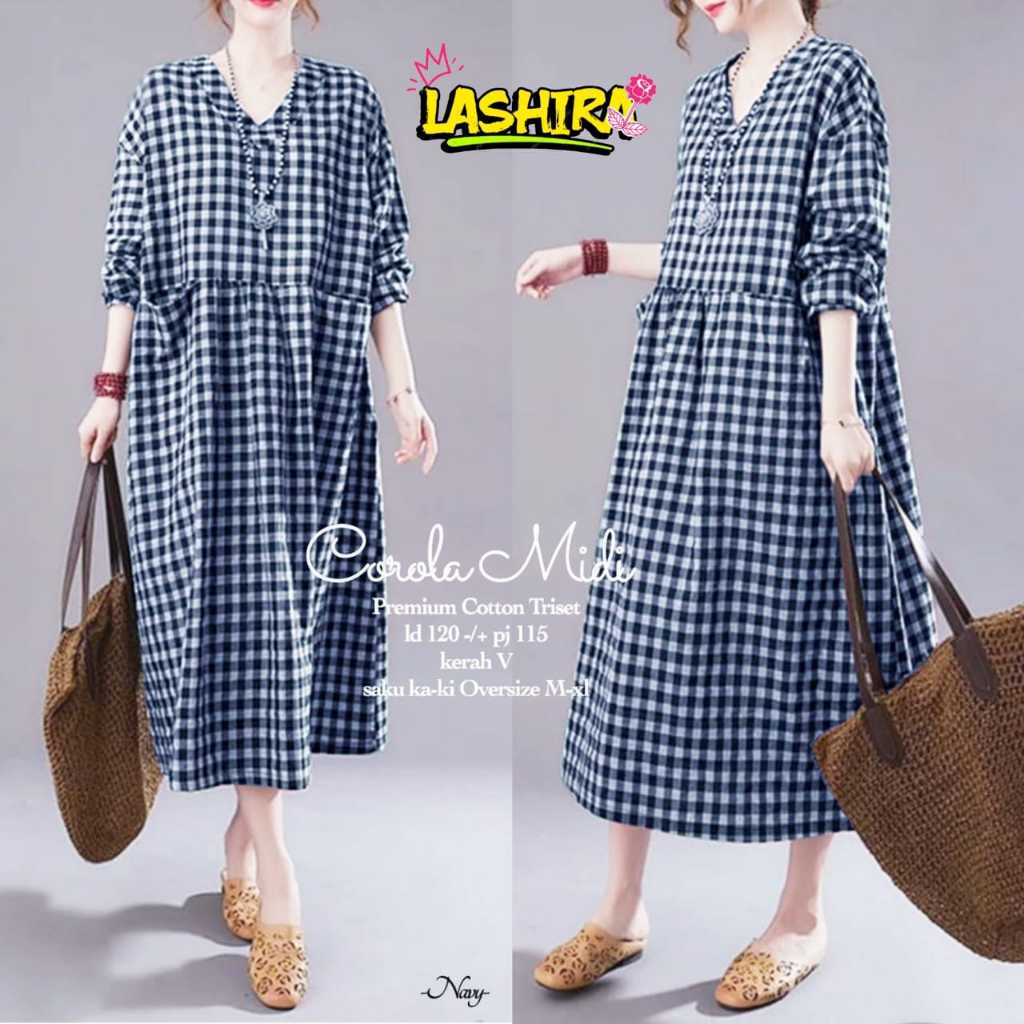 Corola baju gamis dress midi wanita muslim jumbo ld 120 katun kotak kotak triset busui terbaru 2024
