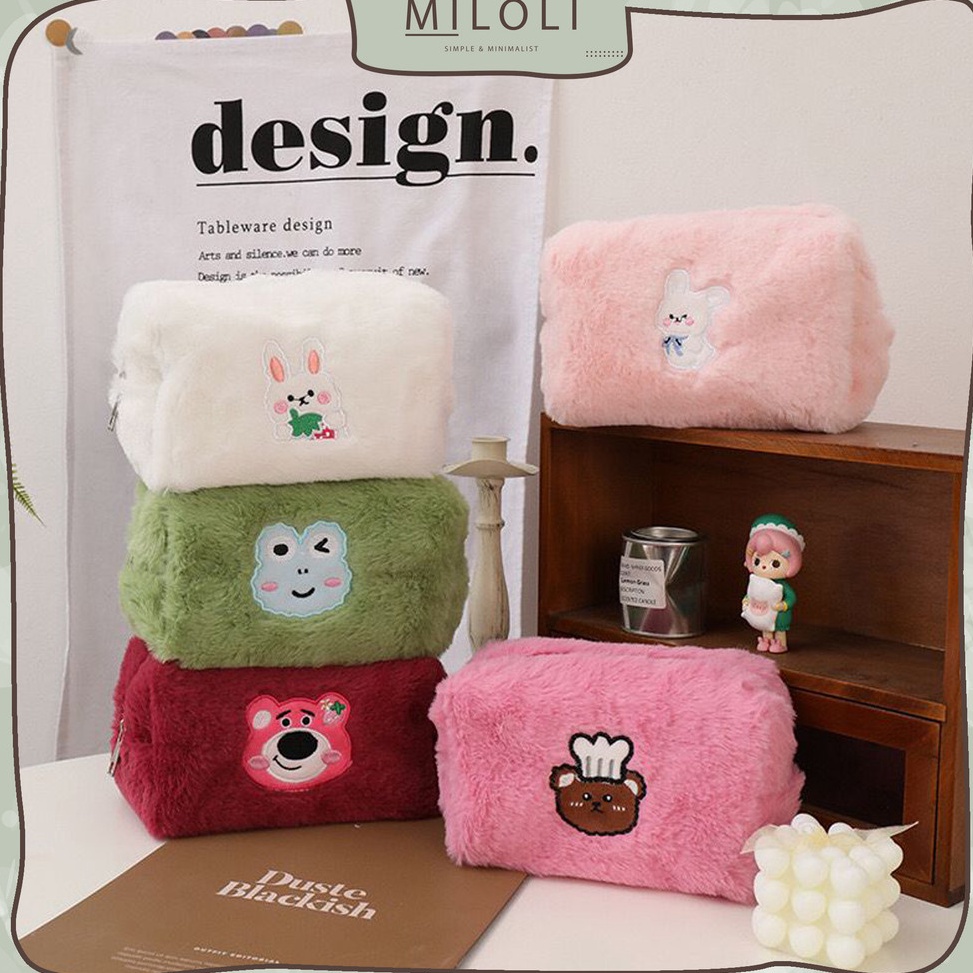 

ART A7Z9 MILOLI Kotak Pensil FURRY CARTOON FROG LTS RABBIT Pouch Fluffy Pencil Bag Tempat Pensil Resleting Stationery F242