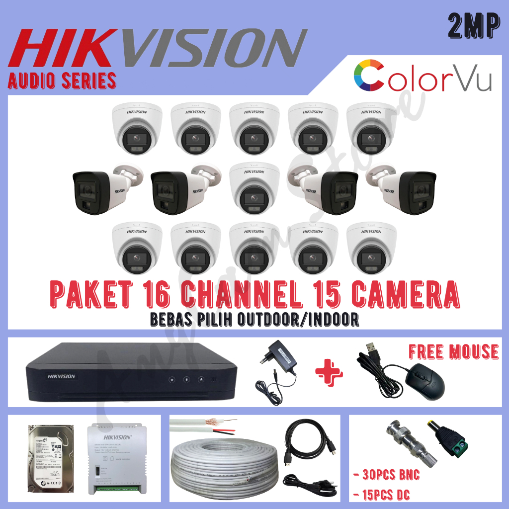 Paket CCTV Hikvision ColorVu 2MP 16 Channel 15 Kamera ColorVu Turbo HD 1080P Audio Series
