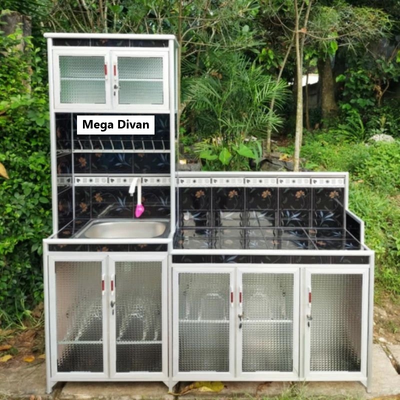 Lemari Dapur Multifungsi Rak Piring Wastafel dan Rak Kompor 3 in 1 Aluminium Tiang Hollow