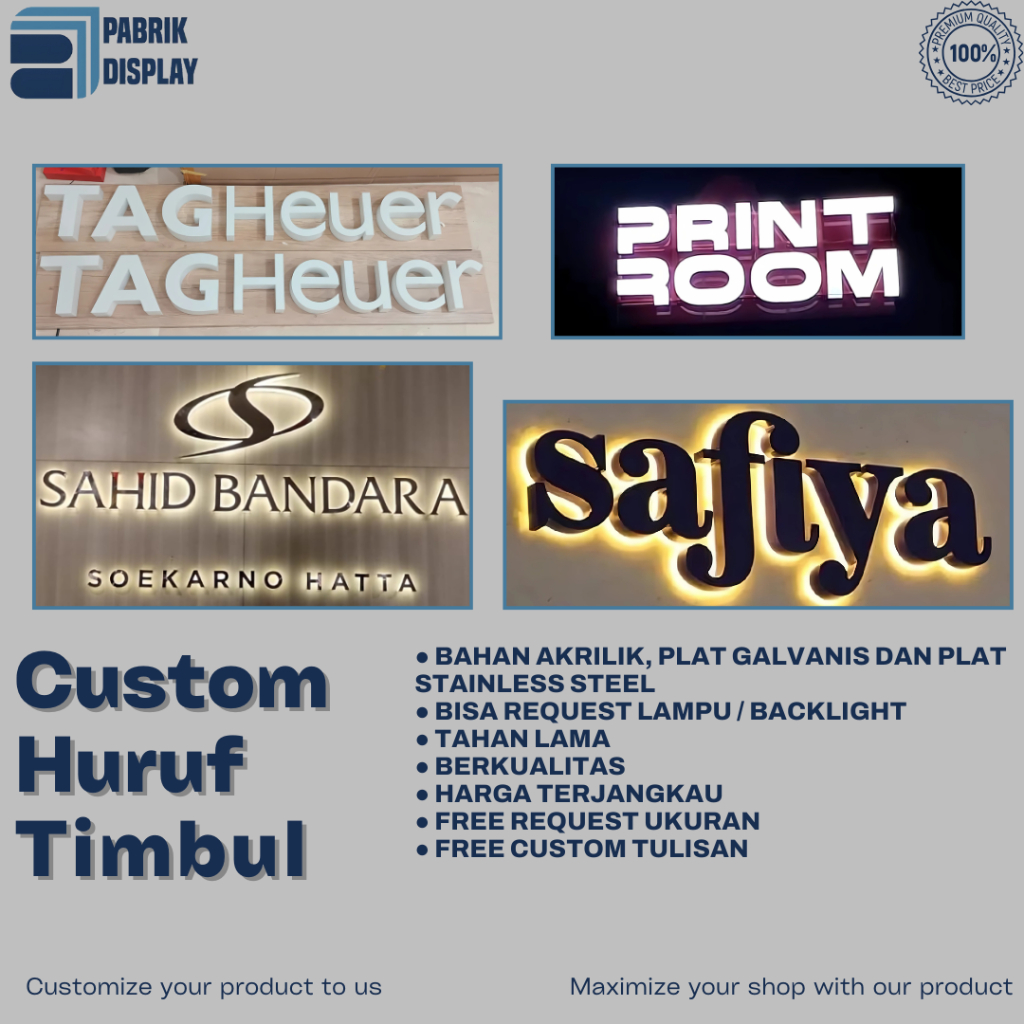 Custom Huruf Timbul / Letter Sign Akrilik, Stainless Steel, Stainless Gold / Custom Huruf Timbul Sat