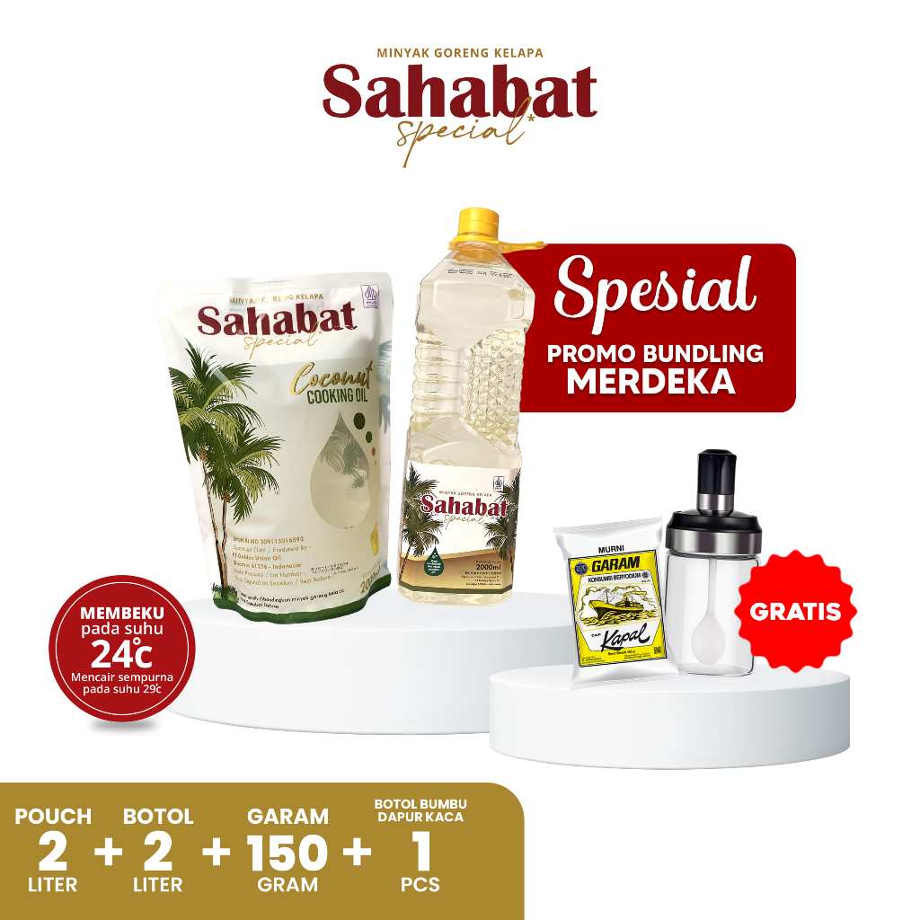 

PROMO PAYDAY : Sahabat Special Minyak Goreng Kelapa Pouch 2 Liter + Botol 2L (Free Tempat bumbu + Garam)