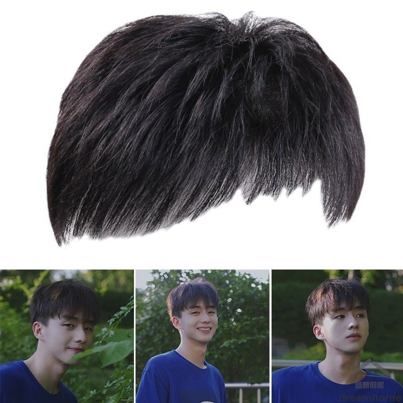 Wig Pria Wig Botak Wig Penutup Botak Warna Hitam Natural Rambut palsu Model pria korea