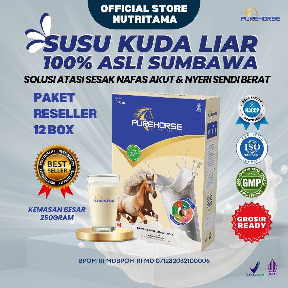 

Susu Kuda Pure Horse 100% Original dari Sumbawa Untuk Keluhan Sesak Nafas Akut dan Nyeri Sendi Berat Kemasan 250gram Paket 12 box