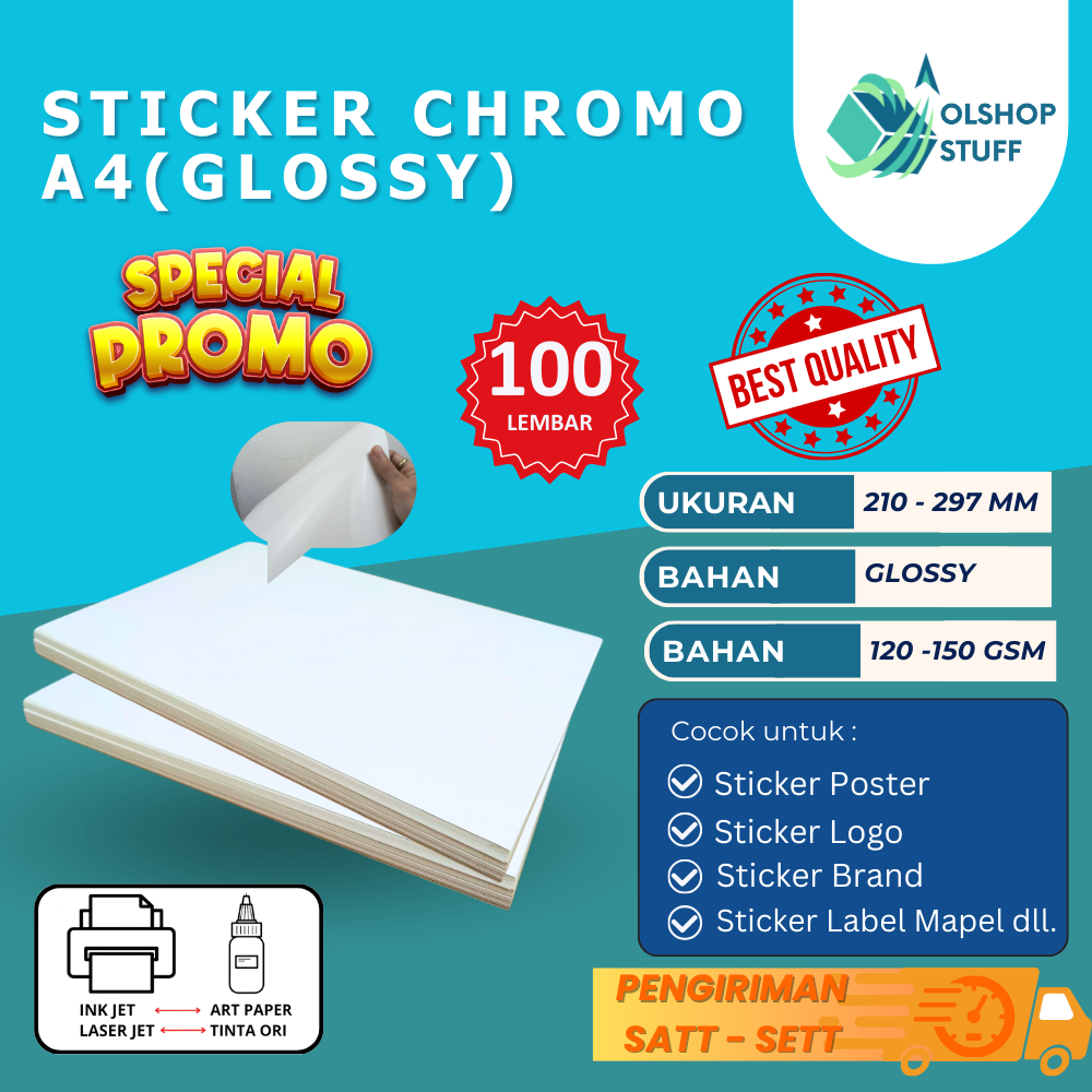 

STICKER CHROMO A4 ISI 50 LEMBAR / KERTAS STIKER GLOSSY MENGKILAP A4