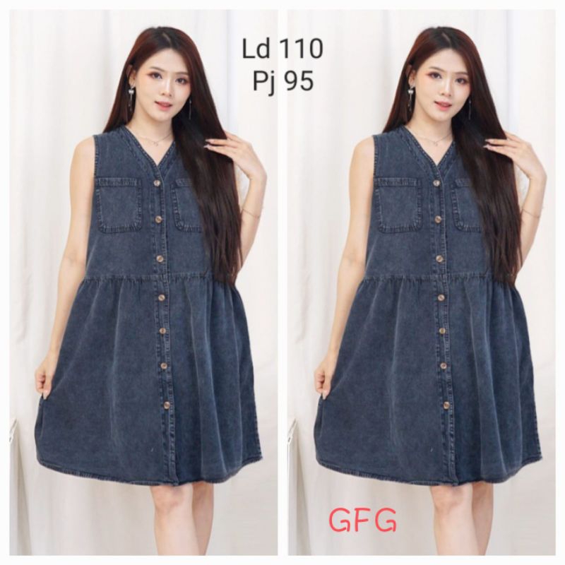 GFG dress wanita Jeans Denim Jumbo Full kancing Ld110 pj95 tanpa lengan