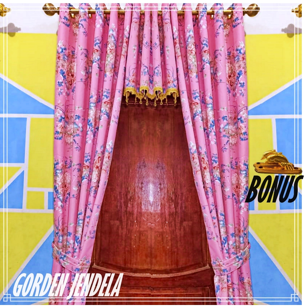 Gorden jendela pintu panjang minimalis motip bunga mawar pink mewah