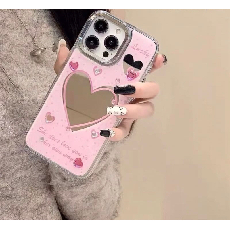 Casing IPhone love berlian case mirror pink Dengan berlian Cocok Untuk iphone 11 13 x xs xr 7plus 8p