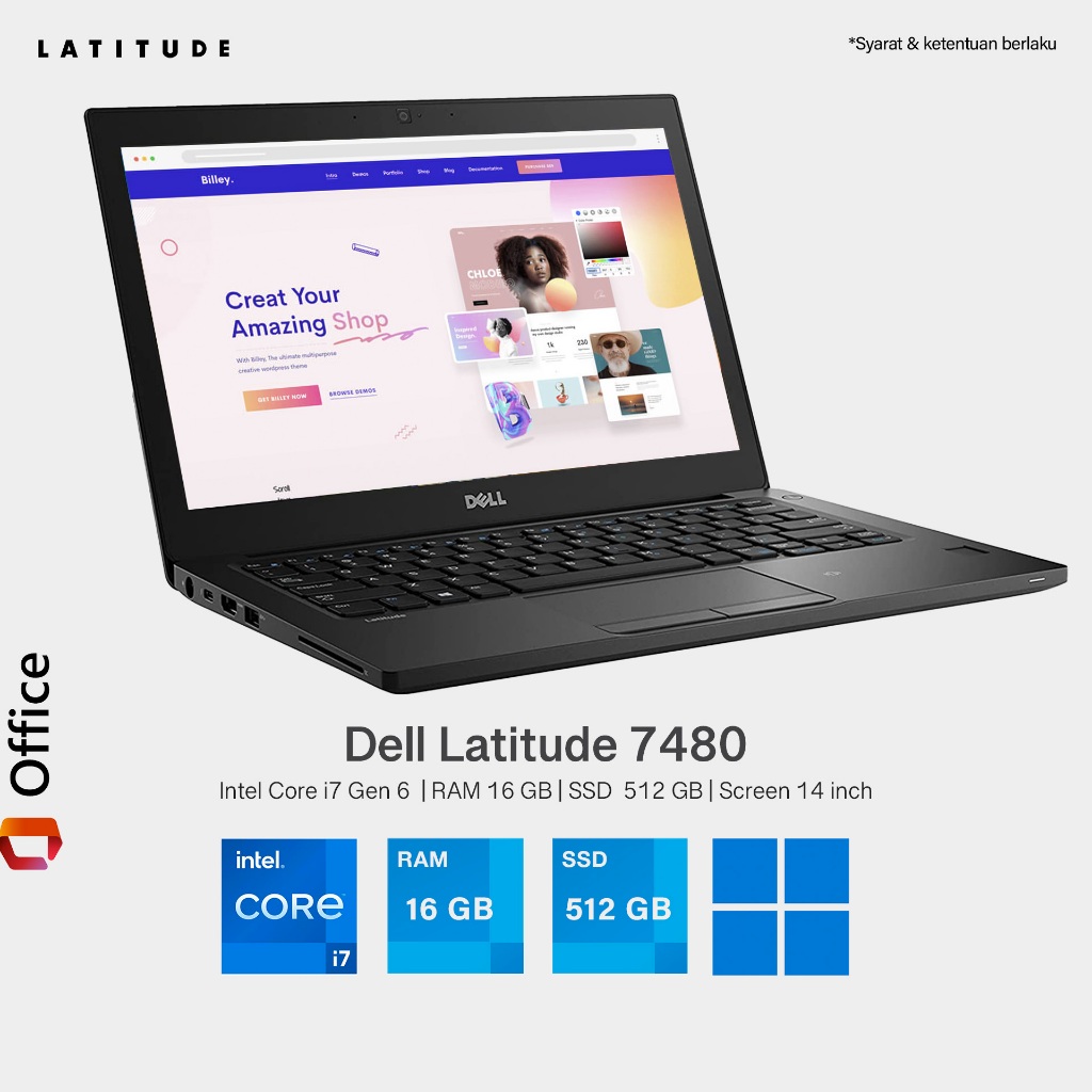 LAPTOP DELL LATITUDE 7480 Core i7 Gen 6 RAM 16 GB SSD 512 GB layar 14 inch