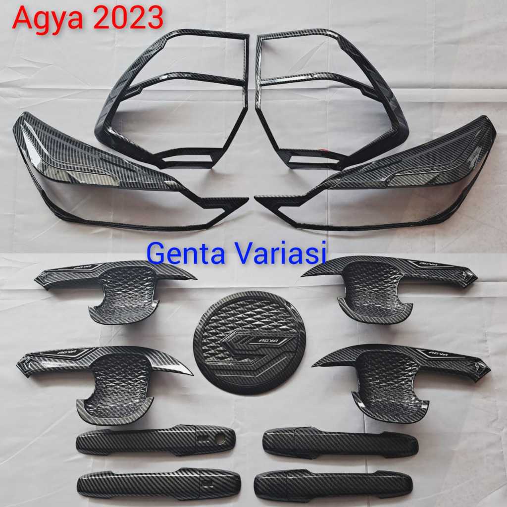 Set Aksesoris Toyota Agya 2023 Carbon - Garnish Lampu Depan & Belakang, Cover Handle, Outer Pintu, d