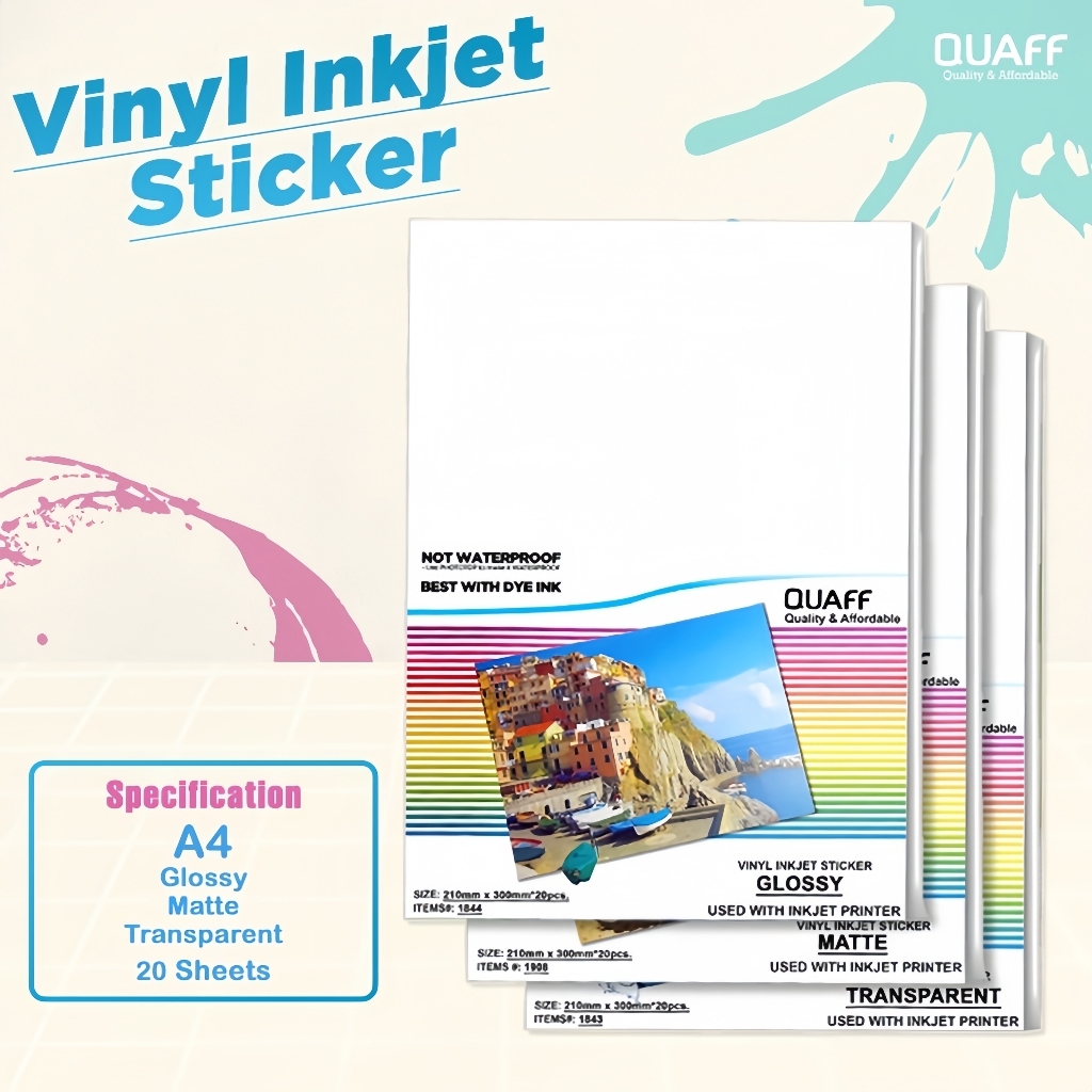 

Stiker Vinyl Inkjet QUAFF Ukuran A4 (Glossy / Matte / Transparan) 20 lembar