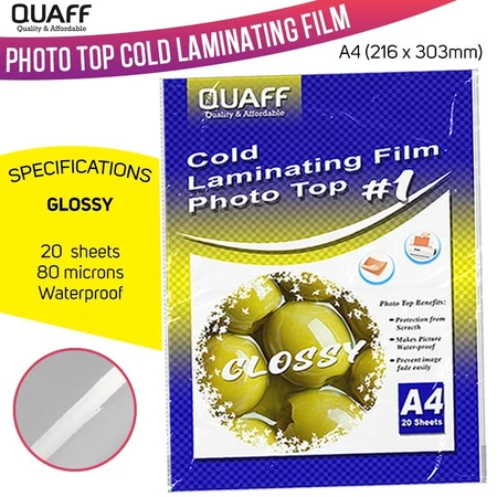 

QUAFF Photo Top / Film Laminating Dingin ukuran A4 / 80 mikron tersedia dalam berbagai jenis, termasuk Matte, Glossy, Glitter, Leather, Broken Glass, Canvas, dan Rainbow, dengan 20 lembar per bungkus.
