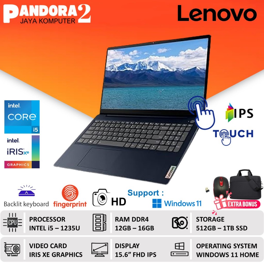 LENOVO Ideapad Slim 3i 15 Laptop Core i5 1235U RAM 16GB 1TB SSD Full HD TOUCH Win11 Baru