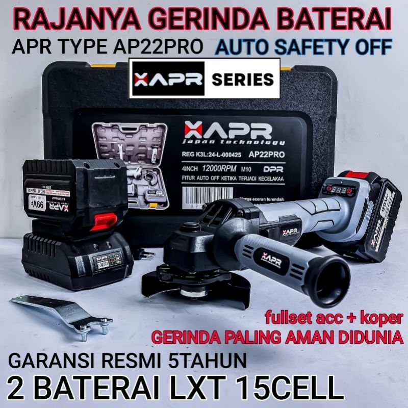 PROMO APR RAJA GERINDA BATERAI AP22 PRO FITUR KESELAMATAN 4INCH BRUSHLESS 2 BATERAI LXT 15CELL