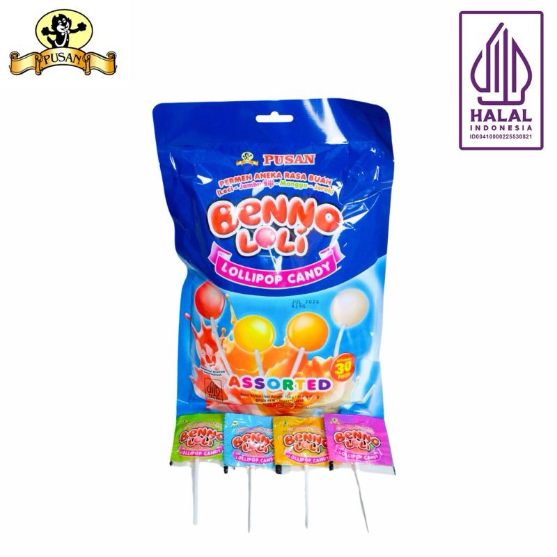 

(NEW PACKAGING) PUSAN BENNO LOLI LOLLIPOP CANDY ISI 30pcs [Rasa Leci, Jambu Biji, Mangga, Jeruk]