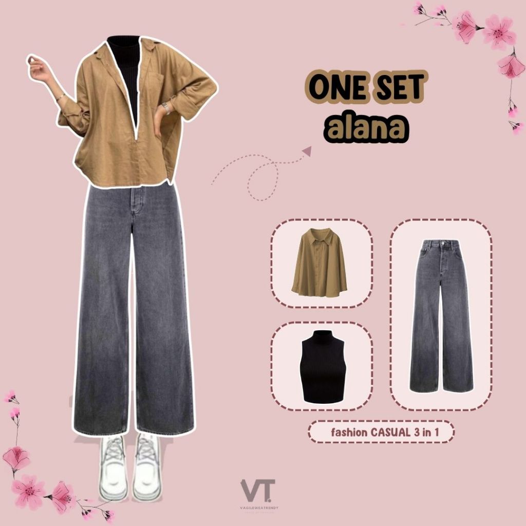 One Set Alana (Kemeja, Inner, Celana) OOTD Hijab Style 2025 Kemeja Linen Coklat, Celana Kulot Jeans 