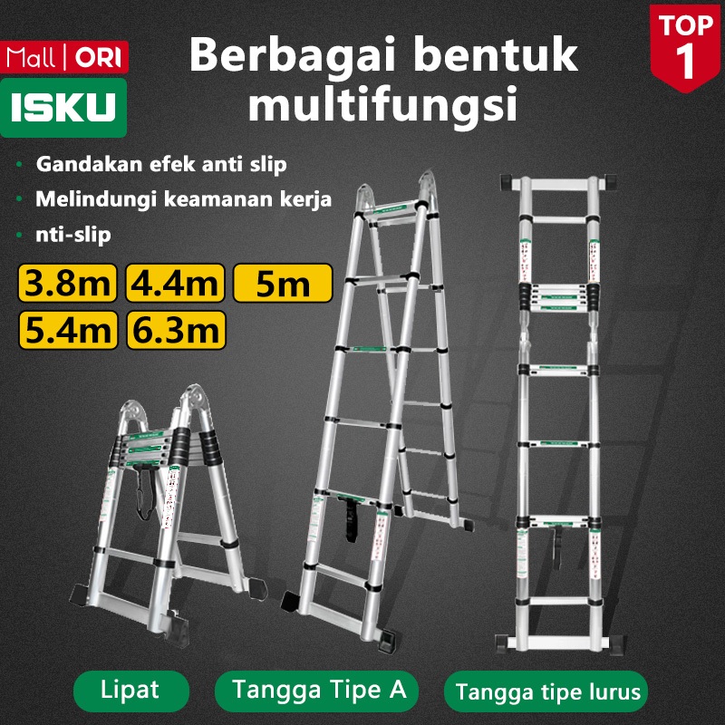 ISKU Tangga Teleskopik Aluminium Portabel Rumah Tangga Double Telescopic Ladder 3.8m/4.4m/5m/5.4m/6.