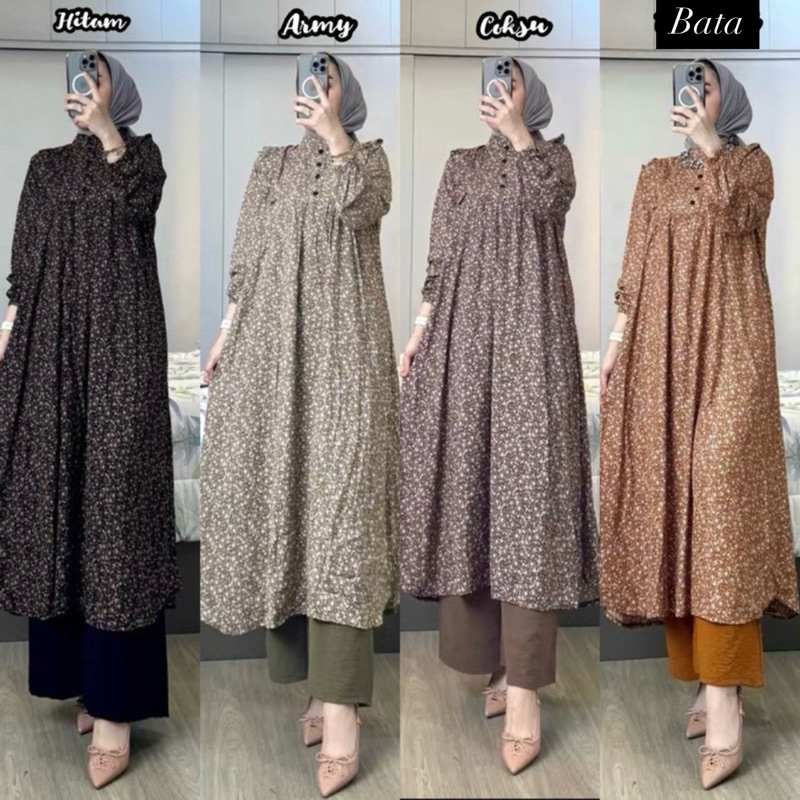 Setelan wanita long Tunik rayon + celana crinkle motif