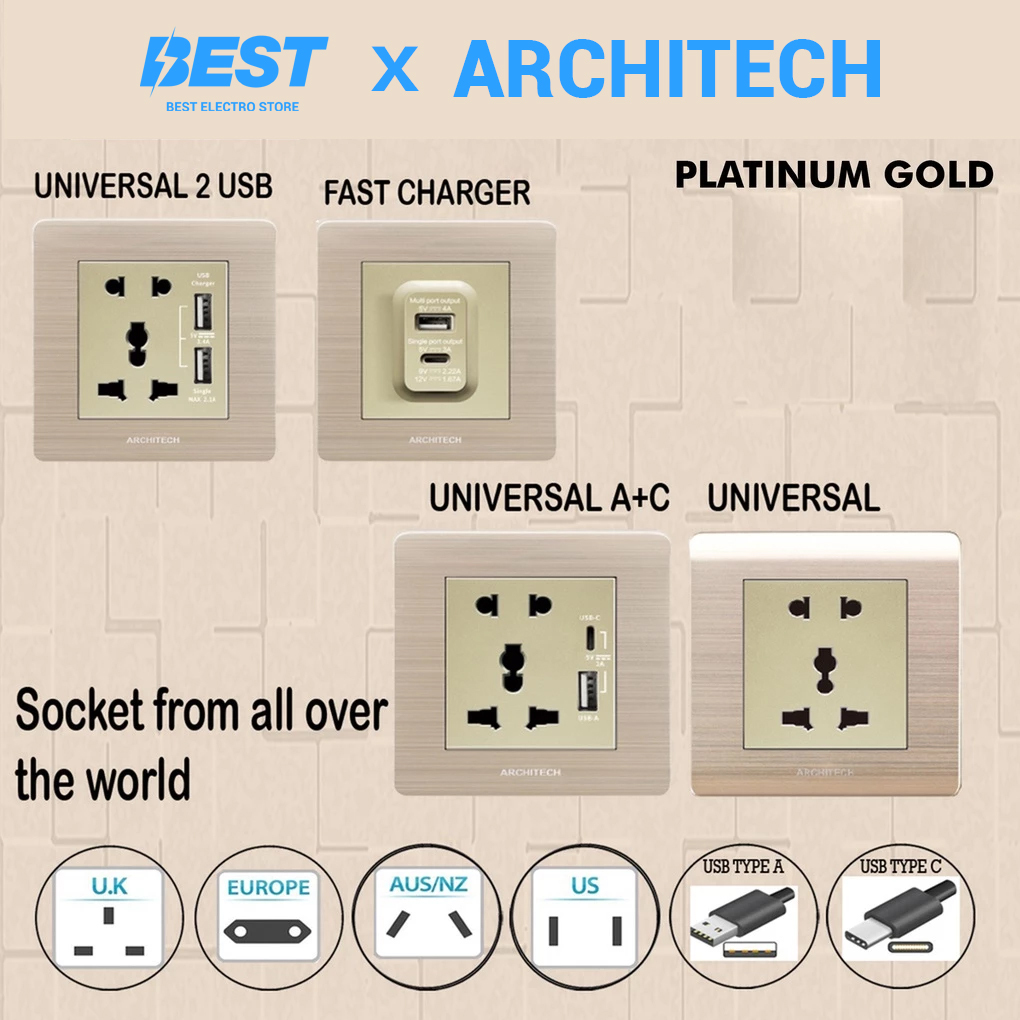 ARCHITECH B9 PLATINUM GOLD / SAKLAR USB / STOP KONTAK COLOKAN NEW 2.3