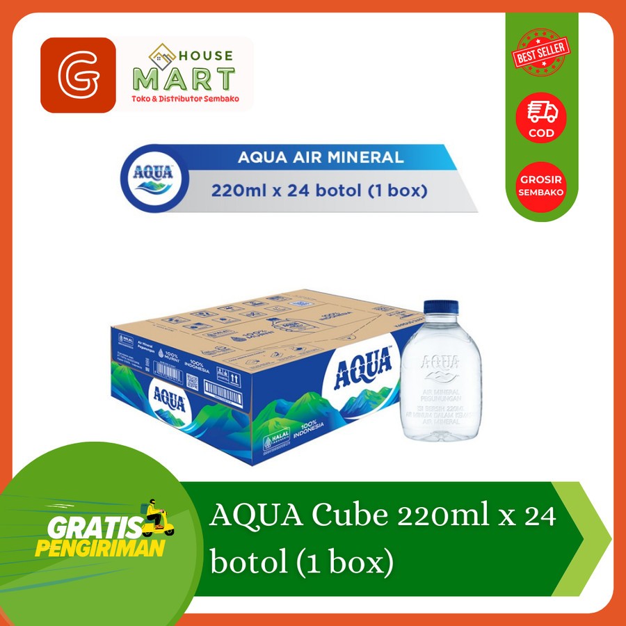 AQUA MINI BOTTLE CUBE 220 ML 1 DUS (24 BOTOL) / Air Minum Dalam Kemasan (AMDK) Botol Mini