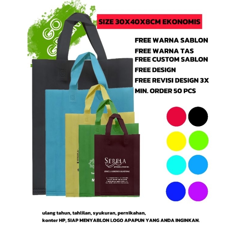 

Goodie bag tahlilan ukuran 30x40x8cm bahan spunbond tebal 65gsm termurah