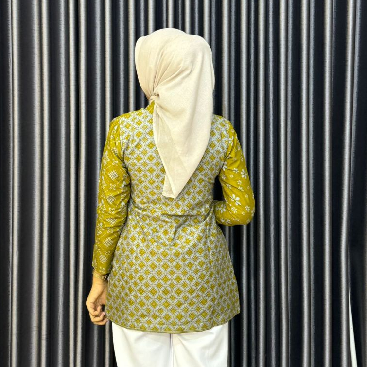 terbaru tunik pendek batik wanita lapis trikot motif romecca lemon - atasan kerja wanita kuning