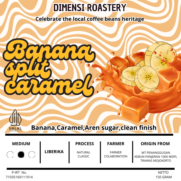 

KOPI LIBERIKA "BANANA SPLIT CARAMEL", Roastbean single Origin Coffee 150gram, Biji kopi Liberika Trawas Mojoketo Jawatimur Indonesia