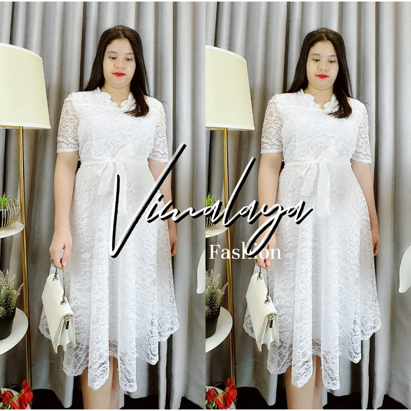 Dress Brukat Putih Tali Organza 5400 17 Gaun Midi Wanita Casual Mewah