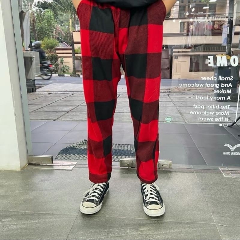 CELANA PANJANG TARTAN FLANEL UNISEX KOTAK KOTAK MERAH PRIA TARTAN FLANEL KOREAN STYLE