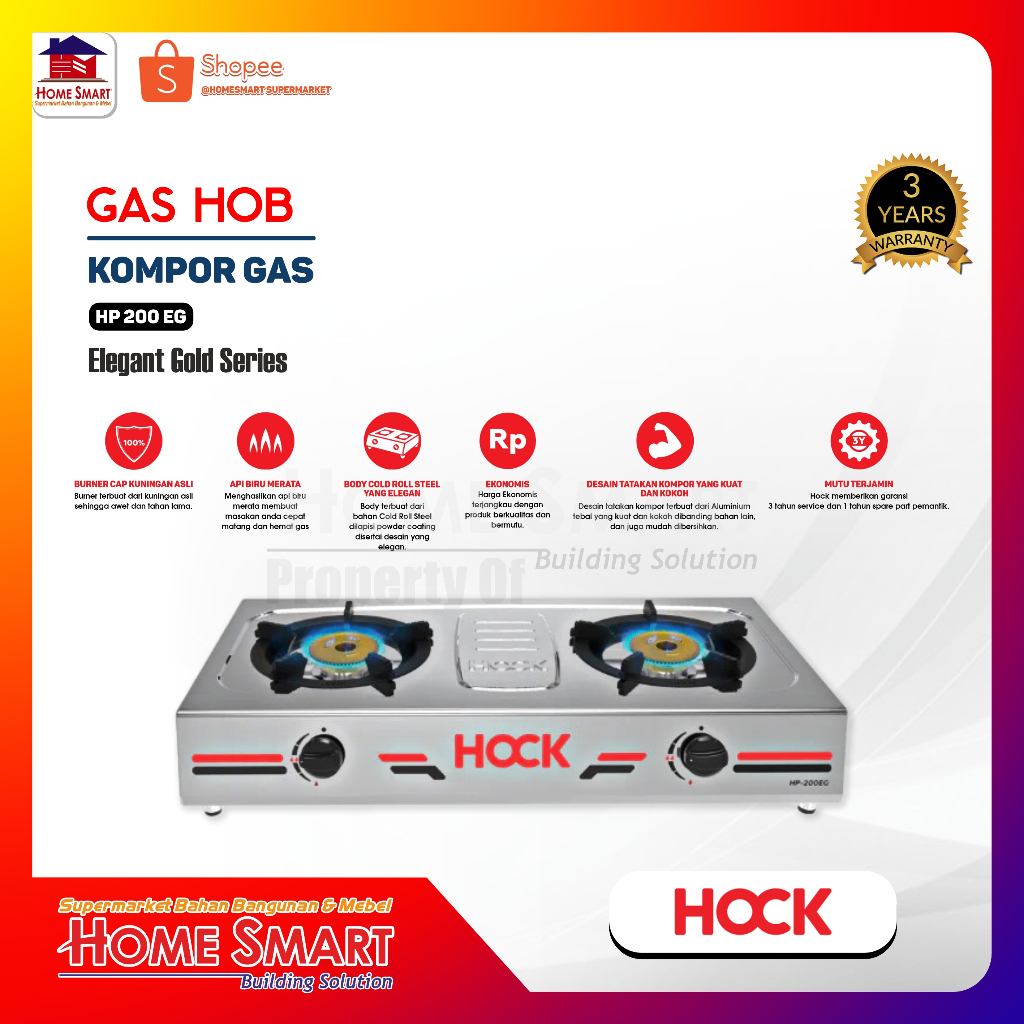 HOCK KOMPOR GAS 2 TUNGKU STAINLESS ELEGANT GOLD HP 200 EG