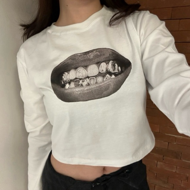 lips long sleeve top lengan panjang wanita hijab y2k top vintage graphic 2000s