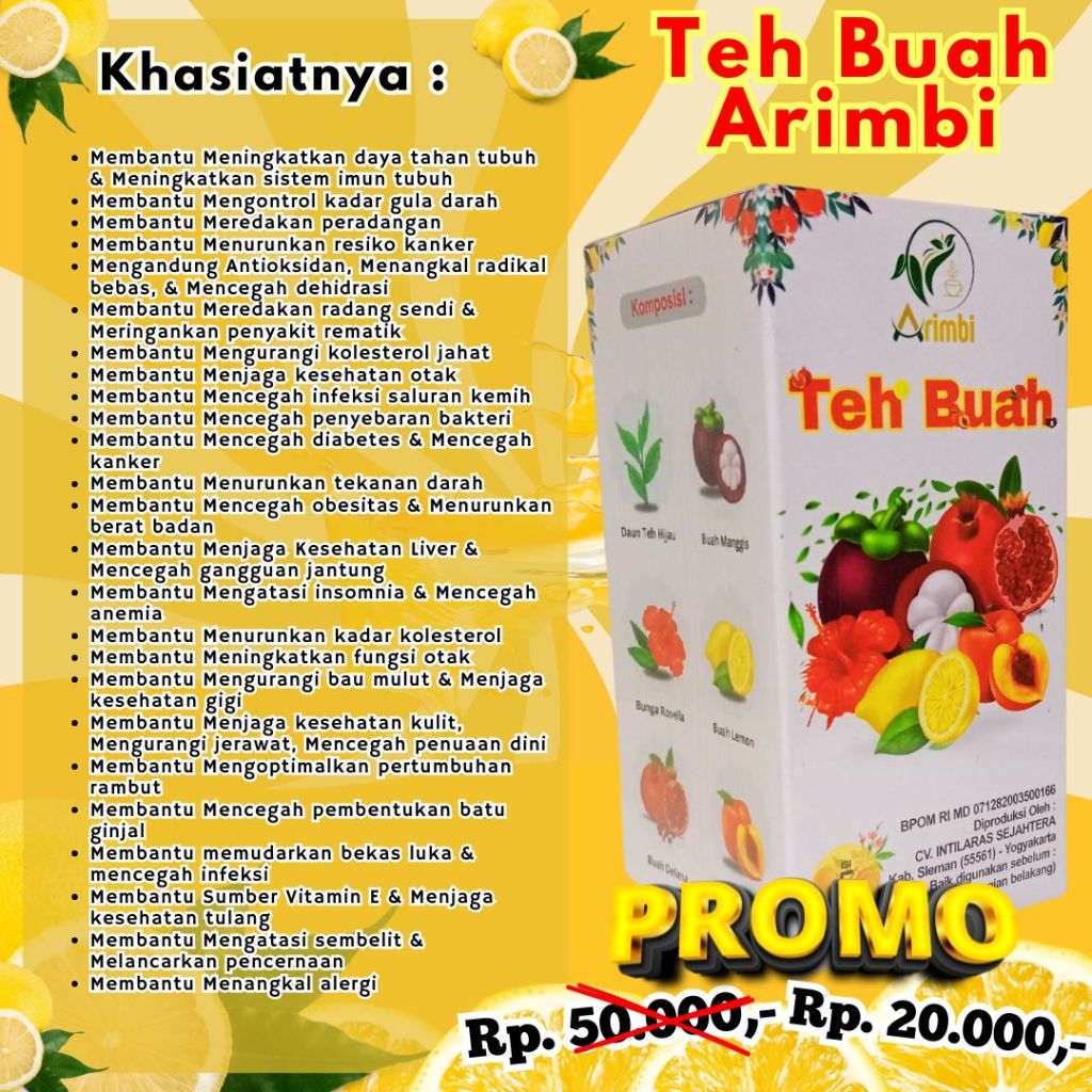 

Teh Buah Arimbi, Teh Arimbi, Teh Buah,Teh Buah Untuk Membantu Mencegah dehidrasi,Teh Buah Untuk Membantu Mencegah infeksi saluran kemih,Teh Buah Untuk Membantu Meningkatkan energi tubuh,