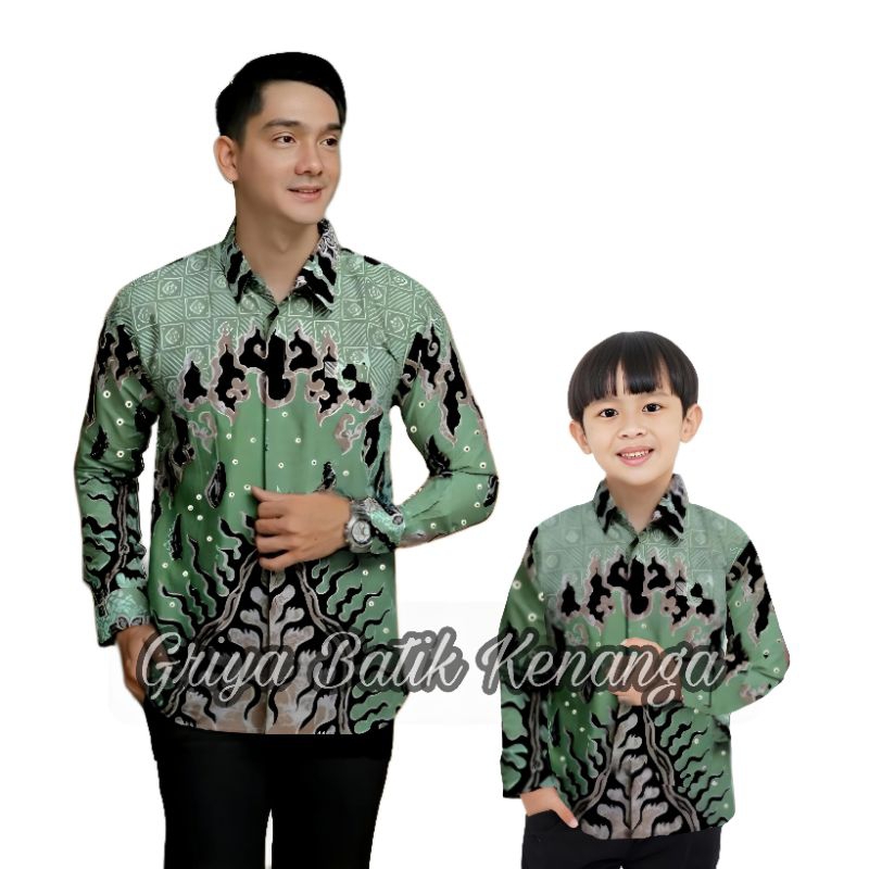 Kemeja Batik Anak Laki laki Warna Hijau Sage Green Batik Pria Dewasa Couple Batik Ayah dan Anak Laki