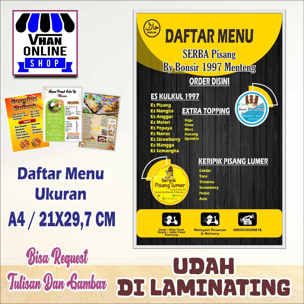 

Cetak Daftar Menu Bahan Kertas Laminating Es Kul Kul dan Keripik Pisang