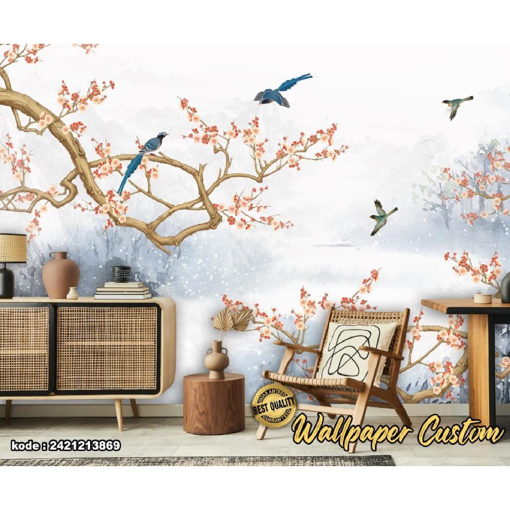 Wallpaper Custom 3D Tema Chinoiserie Bunga, Bambu, Burung walpaper custom ruang tamu, lobi kantor