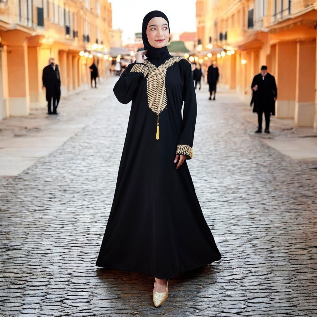 Baju Gamis Abaya Turkey Hitam Wanita Bordir Mewah Elegan Terbaru 2024 Humaira