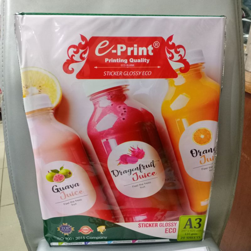 

Sticker Glossy Eco e-Print A3 135gsm 20sheets Kertas Stiker Putih Mengkilap